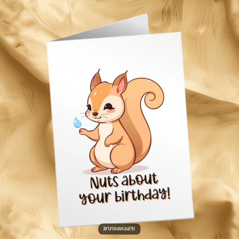 Funny Free Printable Birthday Card: Playful squirrel with elegant tail pointing to a sparkling dewdrop, a joyful and witty card.