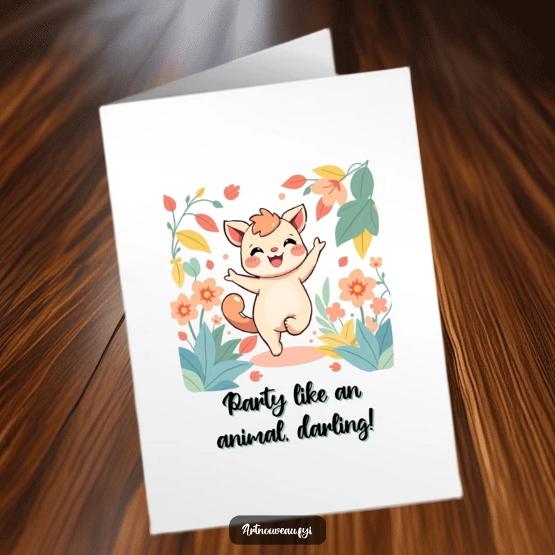 Funny Free Printable Birthday Card: Joyful creature dancing happily amidst stylized flowing green foliage, perfect for celebrations.