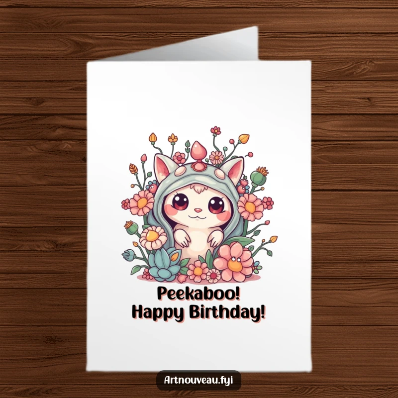 Funny Free Printable Birthday Card: A curious creature playfully peeking from behind lush, elaborate organic embellishments.
