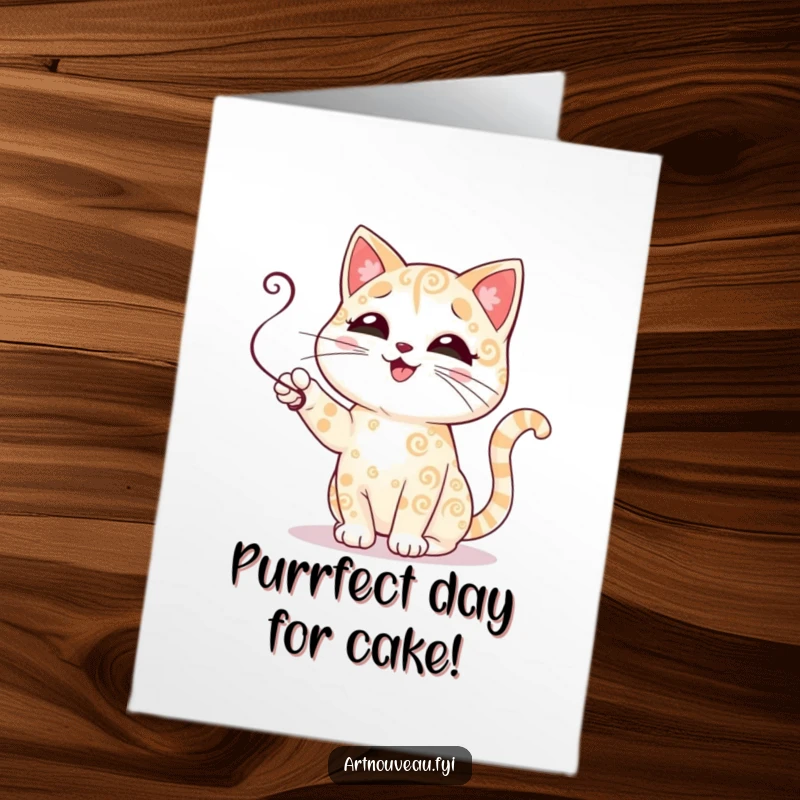 Funny Free Printable Birthday Card featuring a cute cat with swirly fur playfully batting at a tendril, perfect for cat moms.