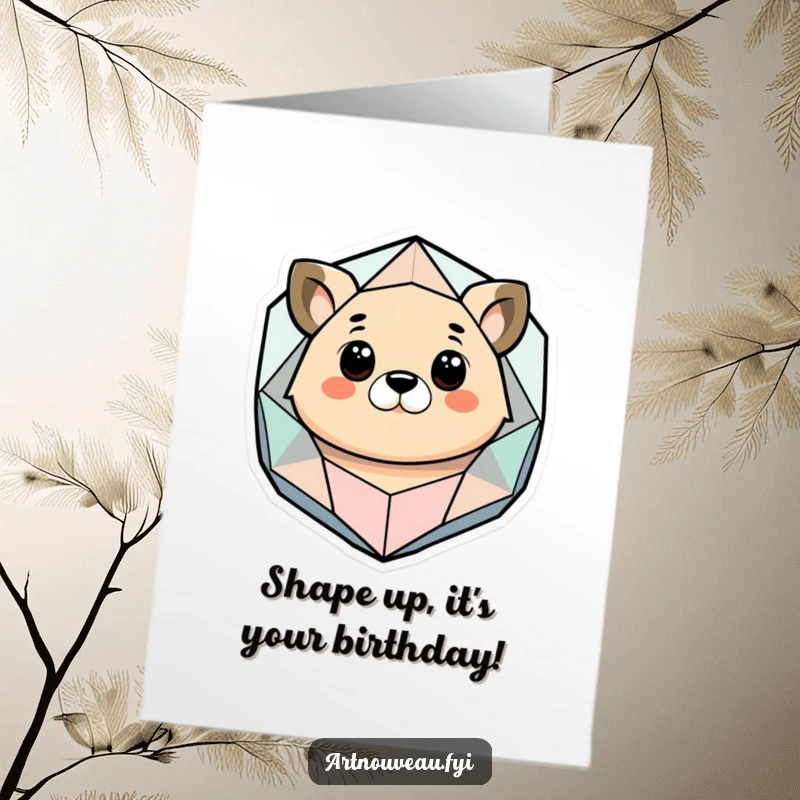 Funny Free Printable Birthday Card: Stylized animal with wide eyes staring at a cool geometric organic shape, a quirky card.