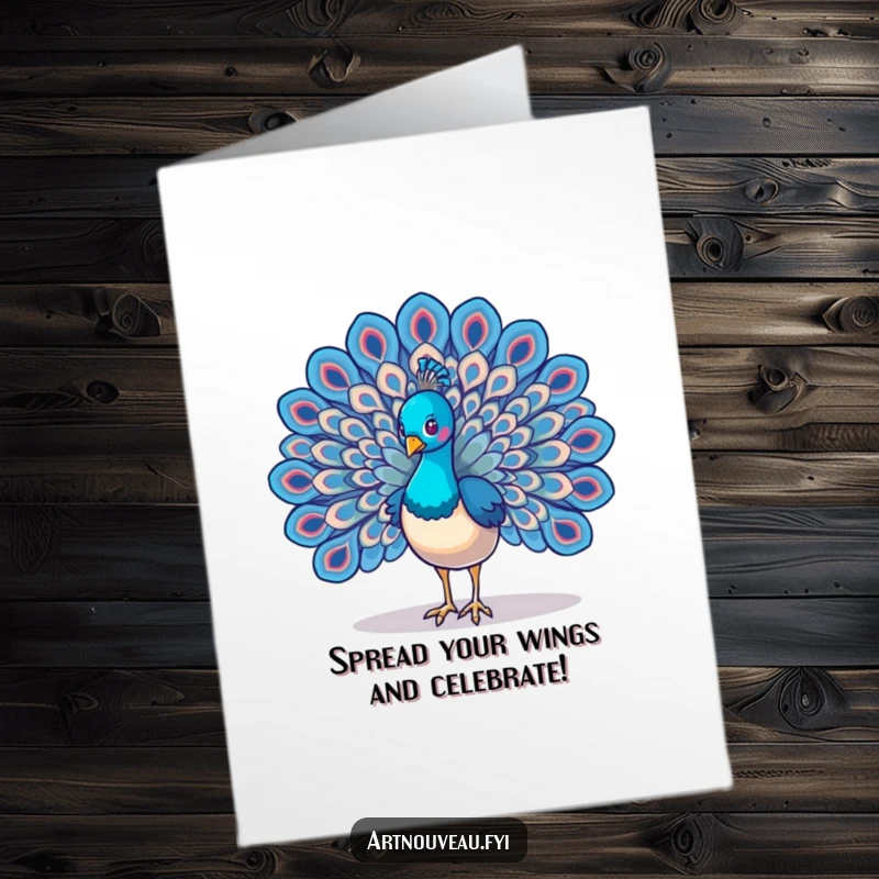 Funny Free Printable Birthday Card featuring a majestic peacock with its wings spread wide, showcasing intricate swirling feather designs.