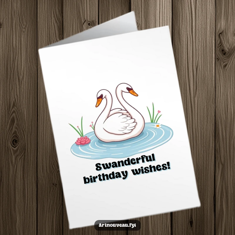 Free Printable Birthday Card: A graceful swan with sweeping lines glides elegantly across a decorative pond, beautiful birthday art.
