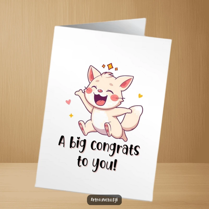 Funny Free Printable Congrats Card: An energetic animal character with decorative flair leaping dynamically, celebrating success.