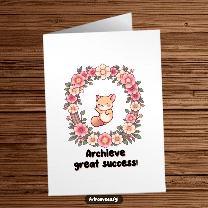 Funny Free Printable Congrats Card: Cute animal gracefully diving through a grand floral arch, celebrating achievements.