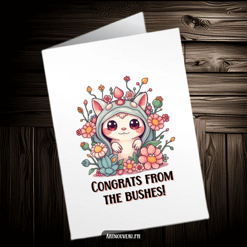 Funny Free Printable Congrats Card: A curious creature peeking out from behind detailed, elaborate, and organic decorative elements.
