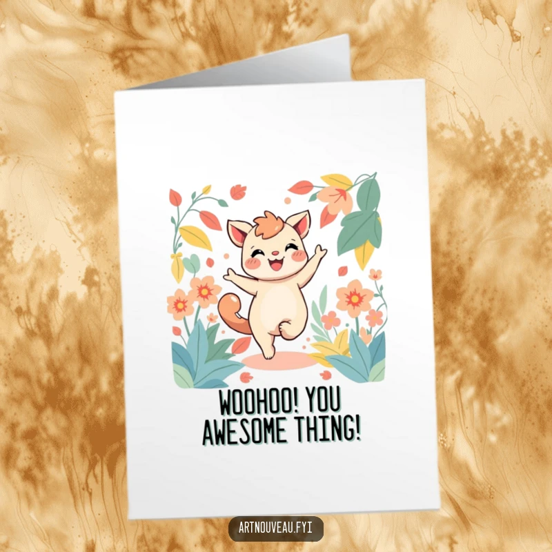 Funny Free Printable Congrats Card: A joyful creature dances energetically amidst stylized, flowing green foliage, celebratory design.