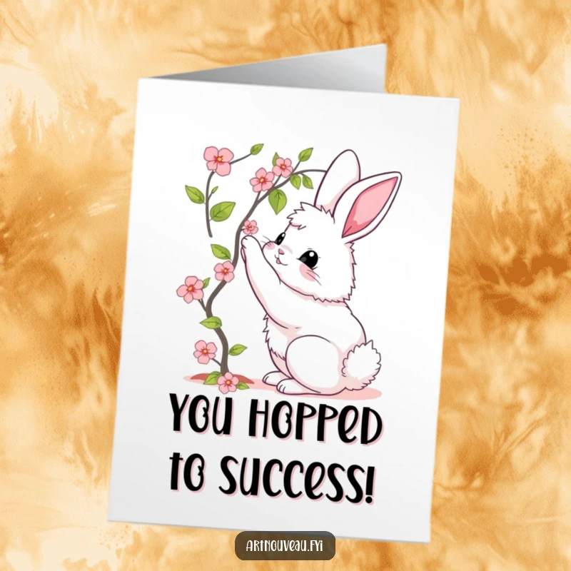 Funny free printable congratulations card: Elegant bunny reaching for a bloom, celebrating success with humor, downloadable.