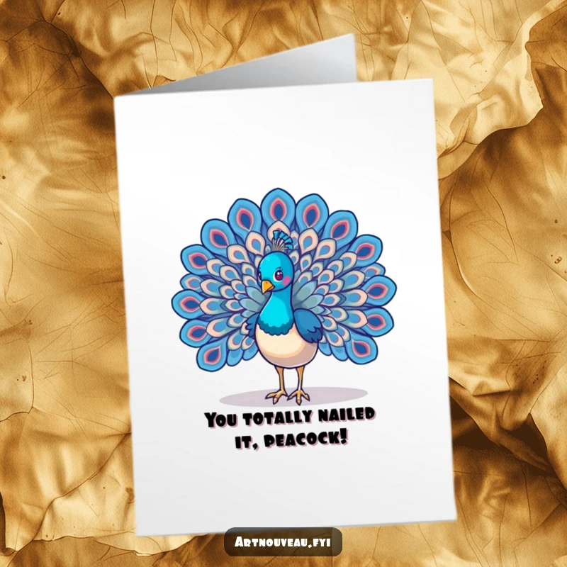 Funny Free Printable Congratulations Card with a dramatic peacock displaying its elaborate, swirling wings in a triumphant pose.