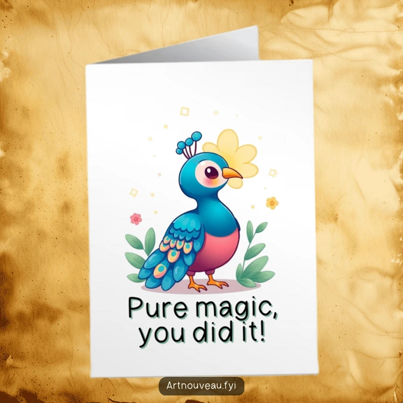 Funny Free Printable Congratulations Card showing a peacock captivated by the ethereal light of a magical, glowing flower, a symbol of new beginnings.