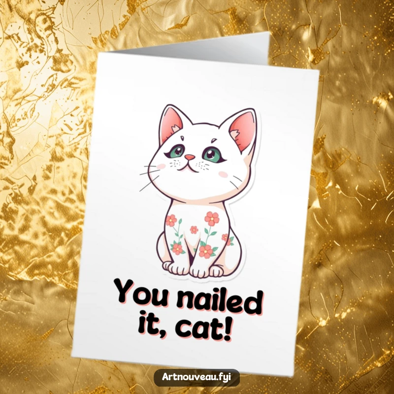 Funny Free Printable Congrats Card: A stylized cat adorned with delicate floral patterns, looking up in celebration.