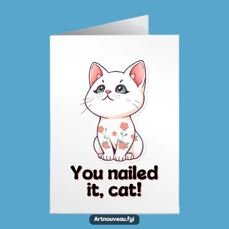 Free Printable Congrats Card: Floral Cat Charm Downloadable Gift