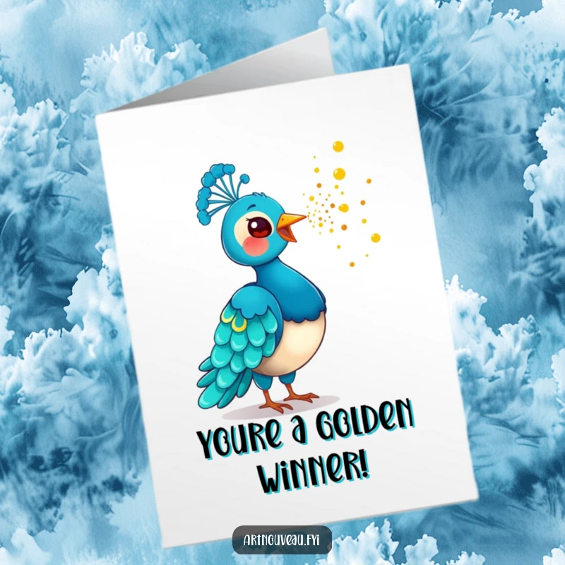 Funny Free Printable Congratulations Card featuring a joyful peacock scattering a magical trail of golden dust from its beak in celebration.