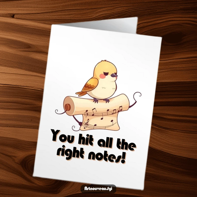 Funny Free Printable Congratulations Card showing a small bird on a decorative musical scroll, celebrating an achievement with a joyous melody.