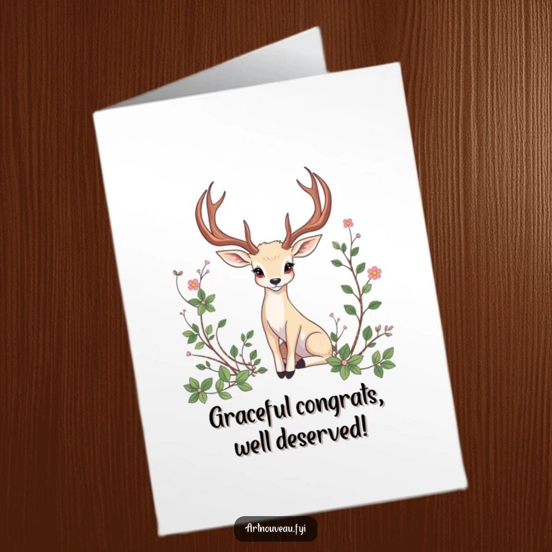 Free Printable Congratulations Card: a regal animal with curved antlers posing gracefully among beautifully drawn artistic vines.