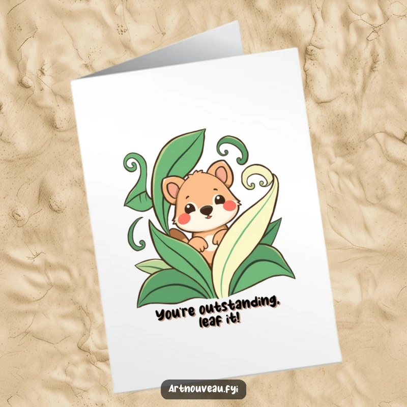 Funny Free Printable Congrats Card: Playful animal peeking out from behind stylized leaves, celebrating a win.