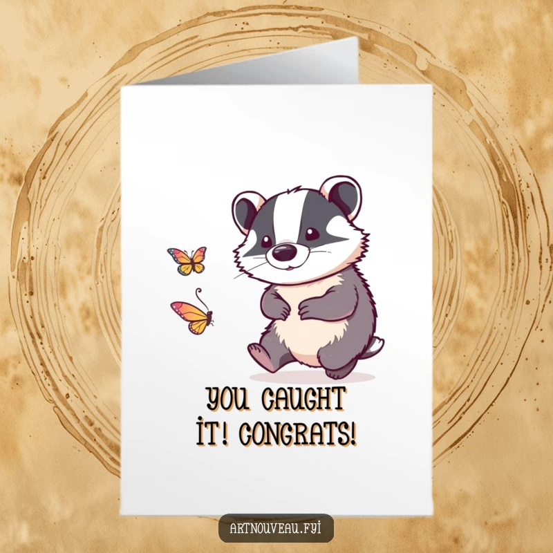 Free Printable Congratulations Card: A whimsical badger with intricate linework excitedly chases a stylized butterfly, perfect for any win.