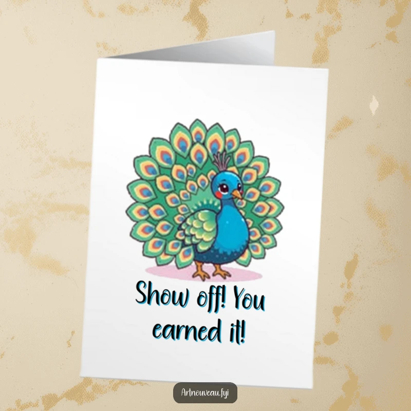 Free Printable Congratulations Card: A peacock with elaborate feather patterns fans its tail magnificently, celebrating your grand achievement.