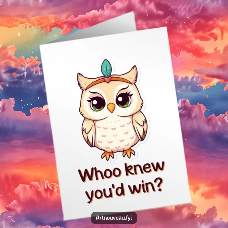 Funny Free Printable Congrats Card: Enchantingly curious owl in a feathered headband, ready to celebrate your win.