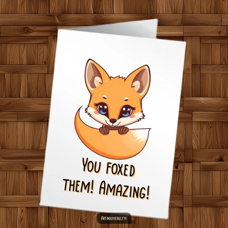 Funny Free Printable Congratulations Card: Curious fox with bright eyes peeking slyly from behind lines.