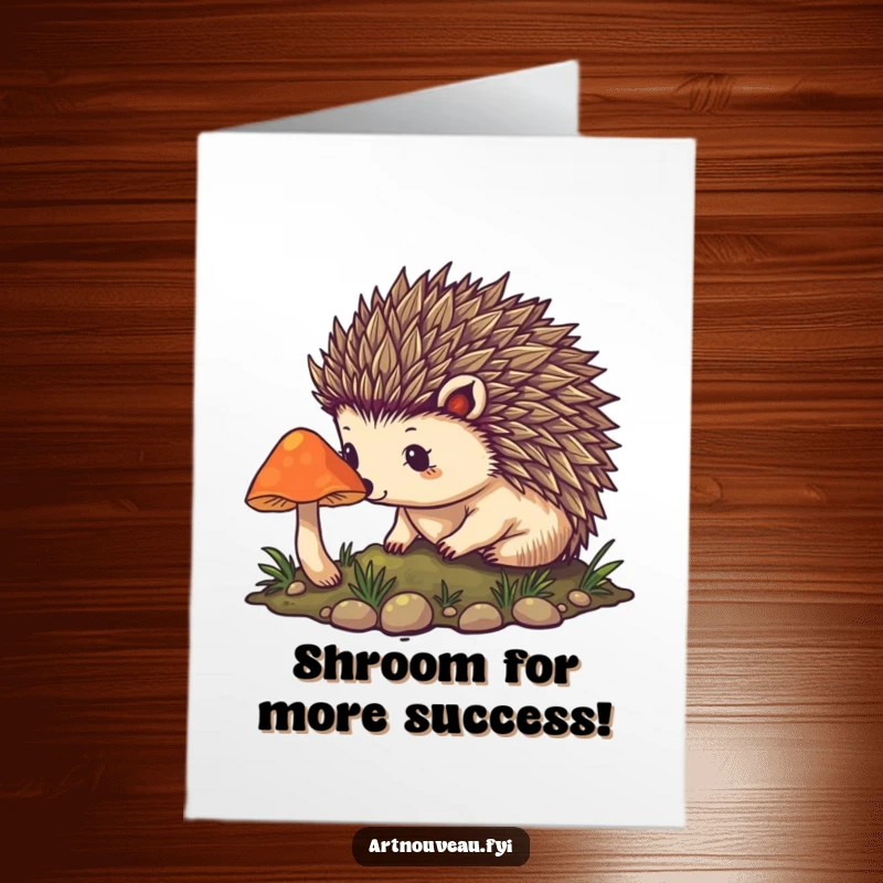 Funny Free Printable Congratulations Card: A curious hedgehog with intricate spines investigates a softly glowing mushroom.