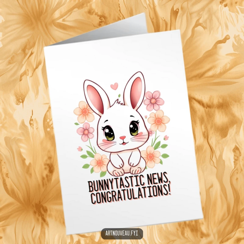 Free Printable Rabbit Congratulations Card: Stylized rabbit with expressive eyes and floral motifs celebrates achievements beautifully.