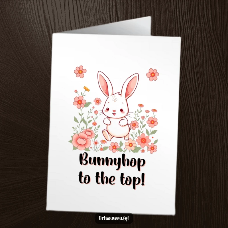 Funny Free Printable Congratulations Card with a whimsical rabbit hopping amidst floral patterns, conveying joyful congratulations digitally.