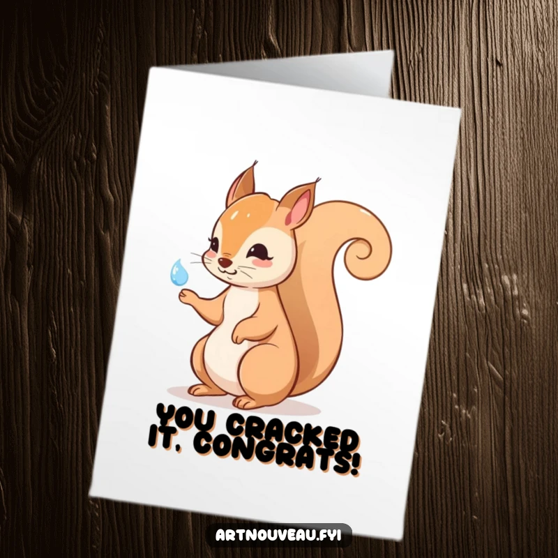 Funny Free Printable Congratulations Card: A playful squirrel elegantly gestures towards a shimmering dewdrop, celebrating success.