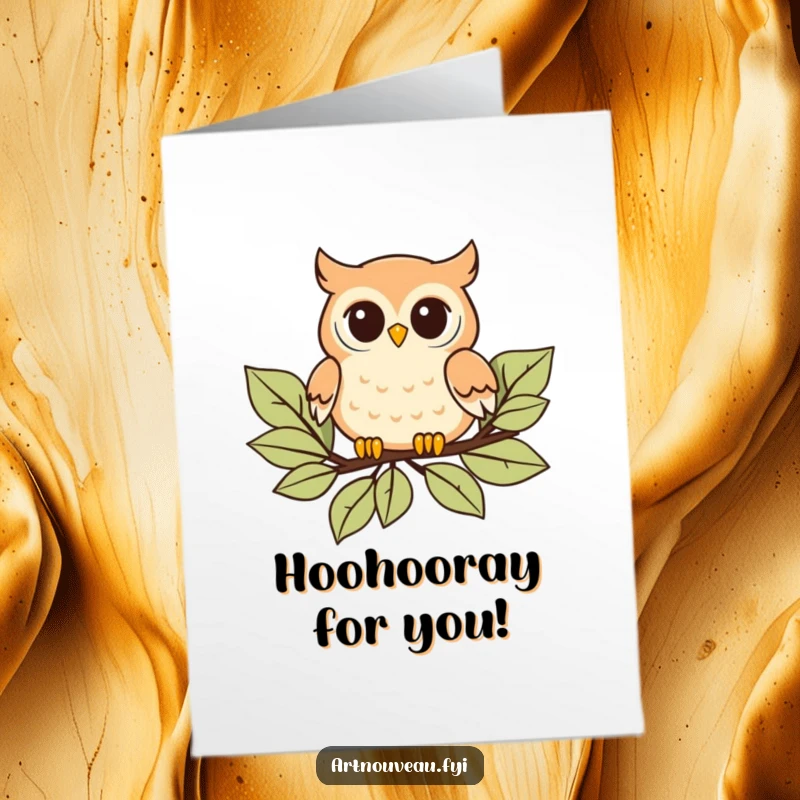 Funny Free Printable Congratulations Card: Playful Owl floating on leaves, a graceful and whimsical art nouveau design.