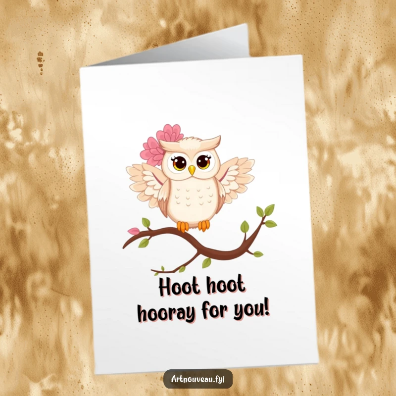 Free Printable Congratulations Card: A stylized owl with flowy floral wings perched on a branch, celebrating success.
