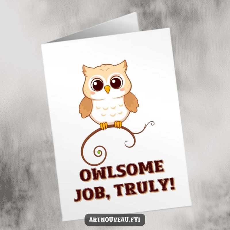 Funny Free Printable Congratulations Card: Happy owl perched on a looping decorative tendril.