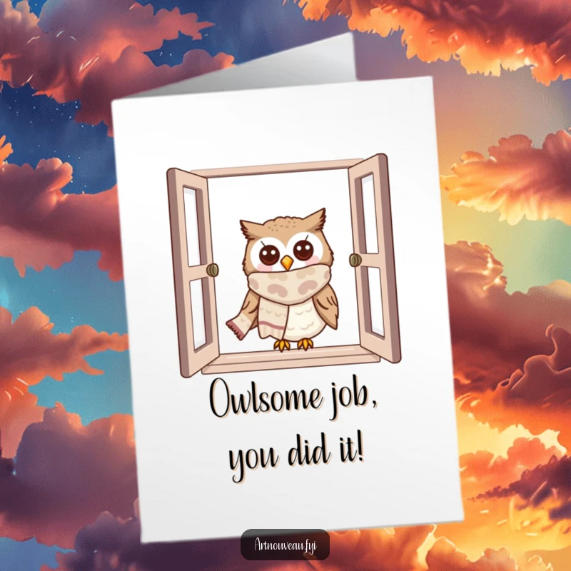 Funny Free Printable Owl Congratulations Card: Cute owl in a scarf peeks from a window, offering congratulations with humor.
