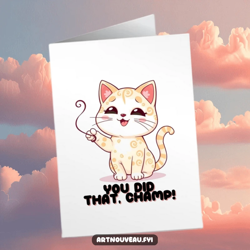 Funny Free Printable Congratulations Card: A cute cat with swirly fur batting playfully, perfect for celebrating successes.