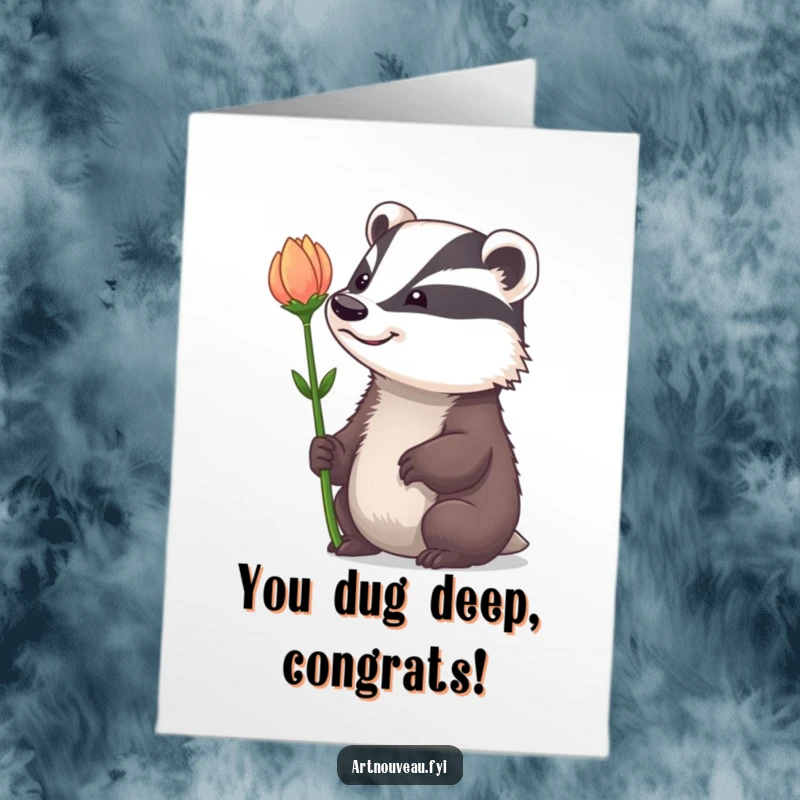 Funny Free Printable Congratulations Card: Badger with a whimsical grin admiring a curved flower.