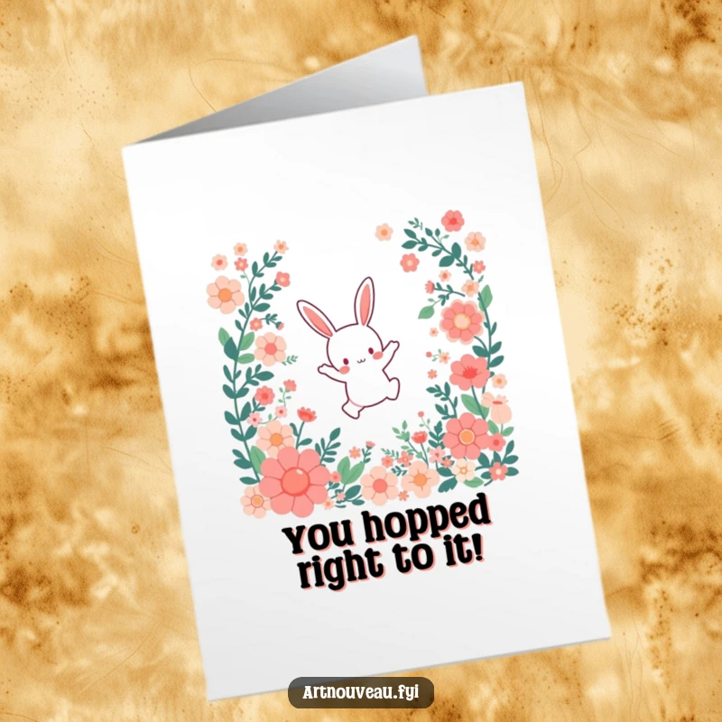 Funny Free Printable Congratulations Card: Joyful bunny leaping through a cascade of floral patterns.