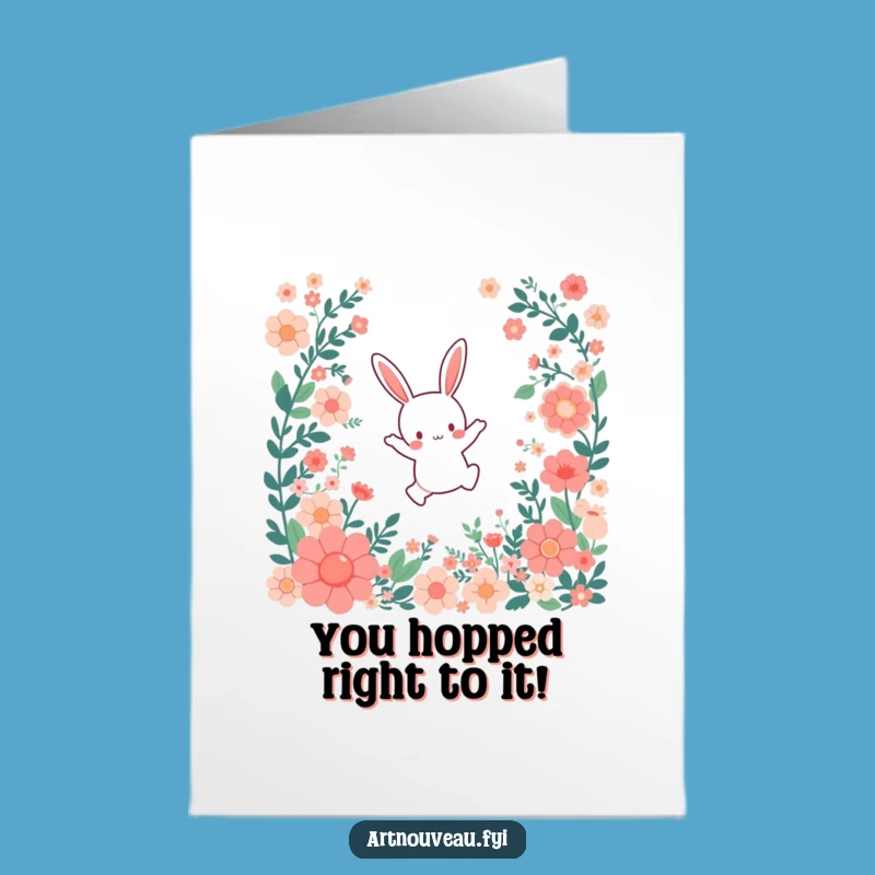 Free Printable Congrats Card: Bunny Leaping Flowers, Funny Downloadable Celebration Art