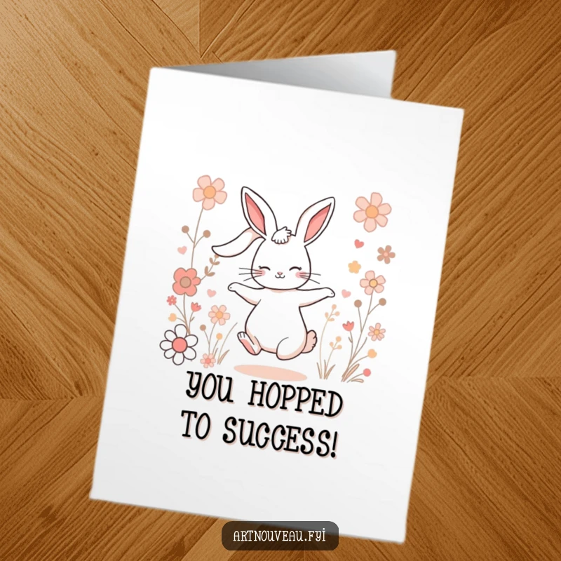 Funny Free Printable Congratulations Card featuring a dancing rabbit amidst flowers, a downloadable gift of cheerful celebration.