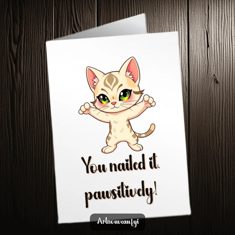 Funny Free Printable Congratulations Card with an artful feline character in a dynamic pose, featuring Art Nouveau inspired markings, celebrating a great success.