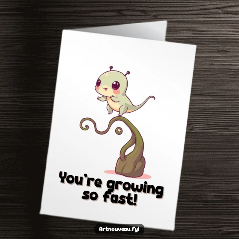 Funny Free Printable Congrats Card: A creature awkwardly balancing on a winding plant stem, a comical congratulations.