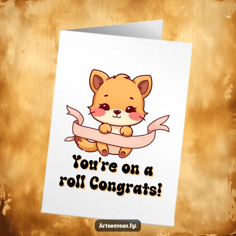 Funny Free Printable Congrats Card: Playful animal interacting with a bright, flowing decorative ribbon, a celebratory card.