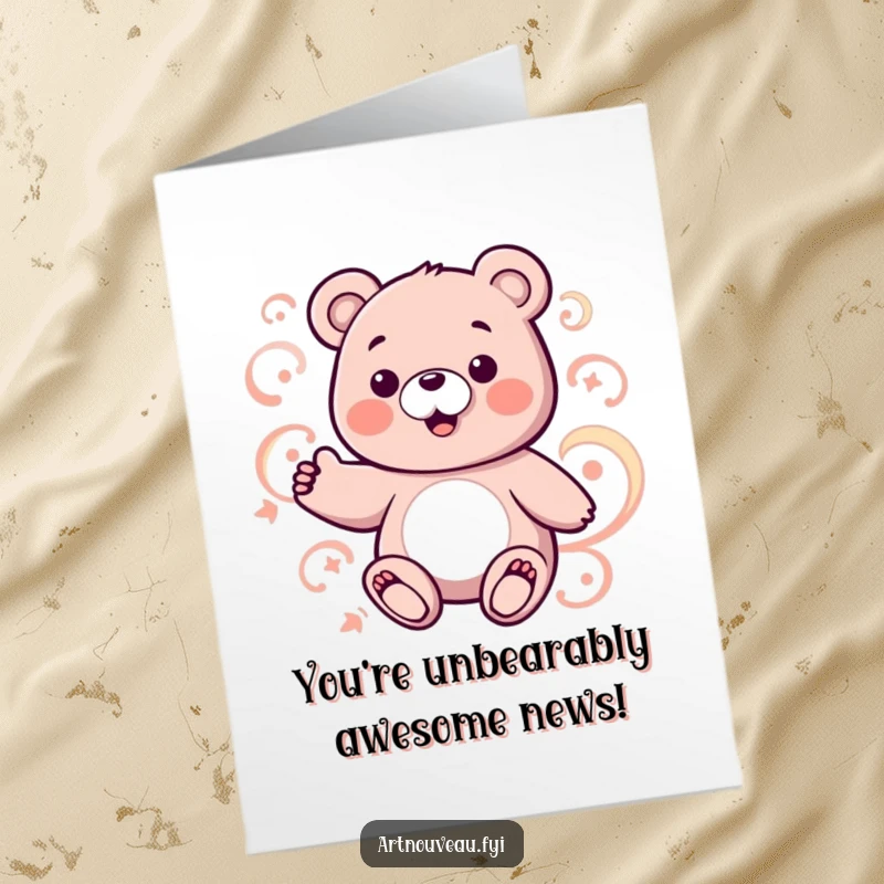 Free Printable Bear Congratulations Card: Charming bear character dances with swirling, curvilinear patterns to celebrate success.