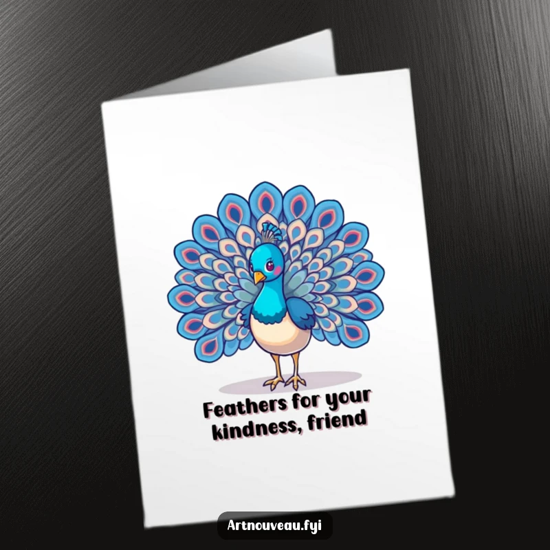 Funny Free Printable Thank You Card depicting a graceful peacock with its spectacular wings open, revealing detailed, swirling feather patterns.