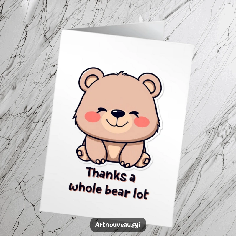 Whimsical Free Printable Thank You Card: A bear with flowing, organic lines on its muzzle smiles contentedly, showing thanks.