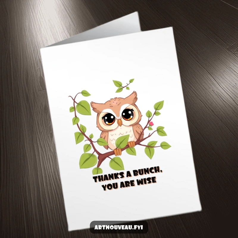 Funny Free Printable Thank You Card featuring a cute owl with curious eyes peeking from behind a vine, expressing heartfelt thanks humorously.