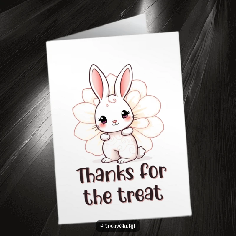 Funny Free Printable Thank You Card featuring a cute rabbit with swirling patterns peeking out from behind a decorative bloom.