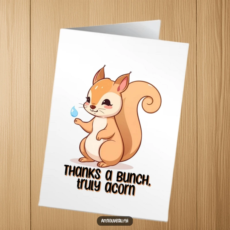 Funny Free Printable Thank You Card: Elegant squirrel with a swirling tail points to a dewdrop, conveying sincere thanks.