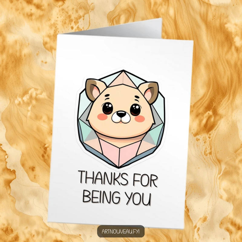 Funny Free Printable Thank You Card: Stylized animal with a confused expression gazing at a geometric yet organic shape, a quirky thanks.