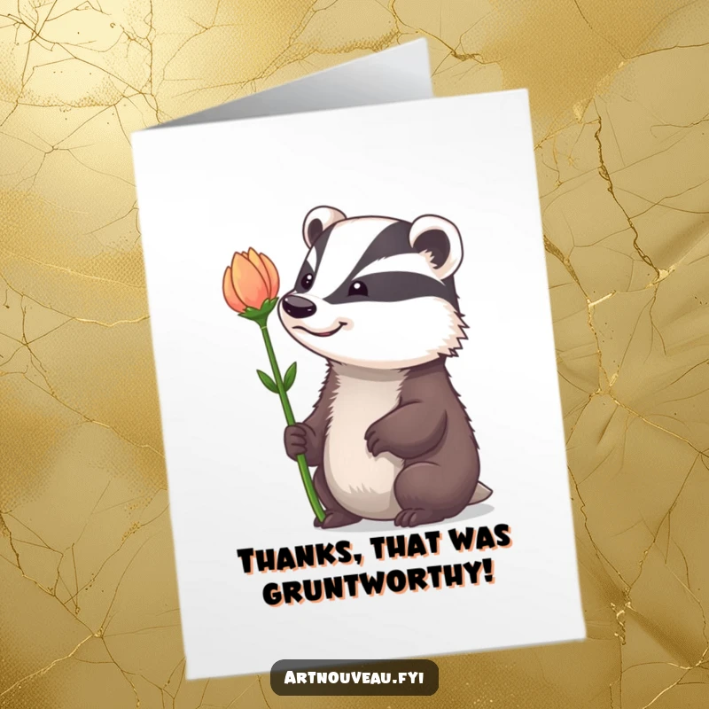 Funny Free Printable Thank You Card: Badger with a whimsical grin admiring a dramatically curved flower.