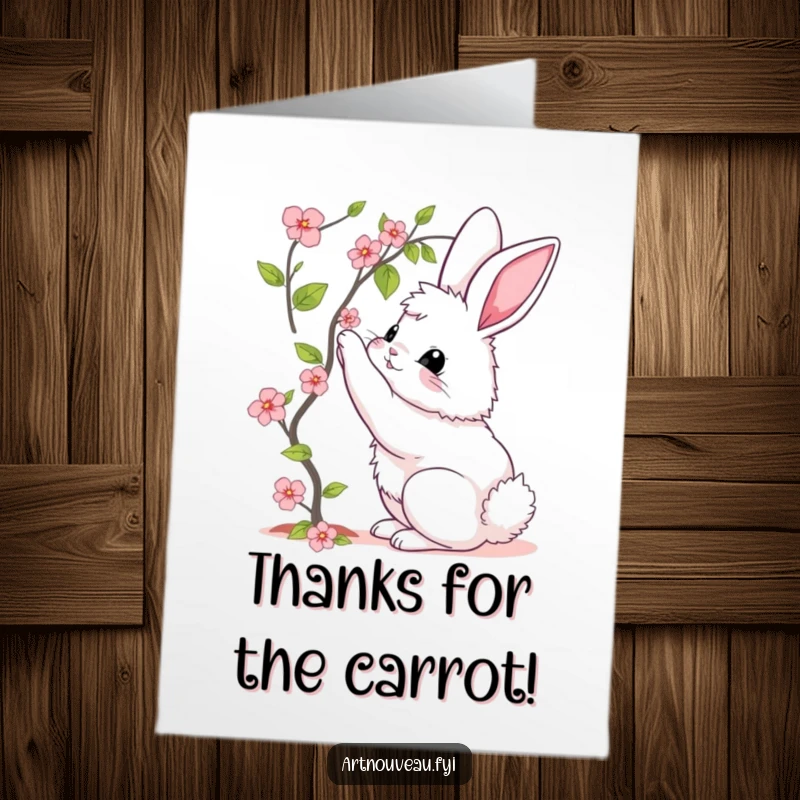 Funny free printable thank you card: A cute bunny reaching for a flower, expressing thanks with a humorous twist.