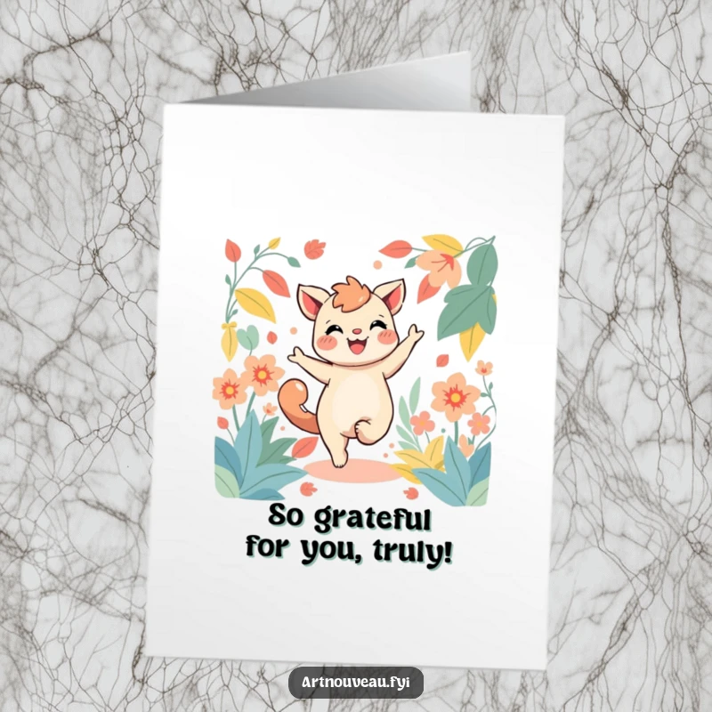 Funny Free Printable Thank You Card: A cheerful creature dancing among stylized, flowing green foliage, perfect for saying thanks.